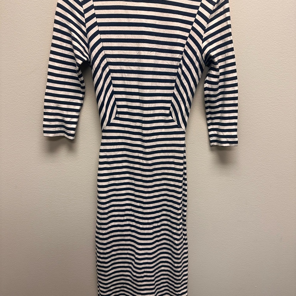 Trafaluc Zara Navy White Stripe Long Sleeve Dress Womens Sz Small Fitted Bodycon